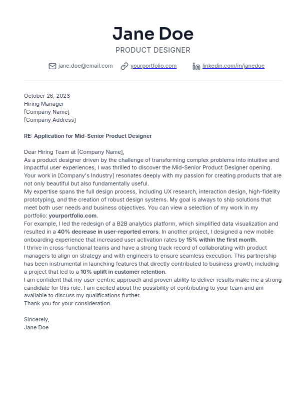 Portfolio-Focused Product Designer Cover Letter